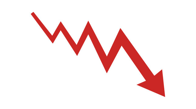 A red jagged line graph pointing downwards with an arrow at the end, representing a decline, loss, or negative trend on a white background
