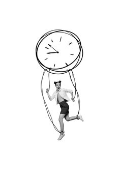 Vertical art collage of excited girl run wear ribbon handcuffs trap alarm deadline expire limit marionette exploitation on beige background