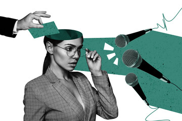 Naklejka na ściany i meble Composite collage artwork image picture of arm put paper girl head microphone interview isolated on creative background