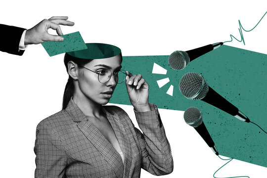 Composite collage artwork image picture of arm put paper girl head microphone interview isolated on creative background