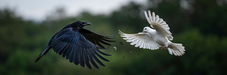 Fototapeta premium Dynamic Encounter of Black Raven and White Dove in Mid Flight with Flying Feathers