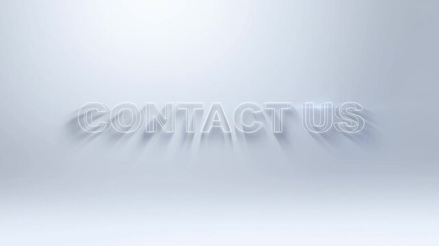 Slow motion reveal of contact us neon text illuminating and casting long shadows on minimalist white studio background