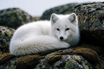 Fototapeta premium White arctic fox rests on mossy rocks in wild tundra. Fluffy mammal with thick fur, perked ears curls up near lichen covered stones. Small predator slepic in cold natural habitat during winter season