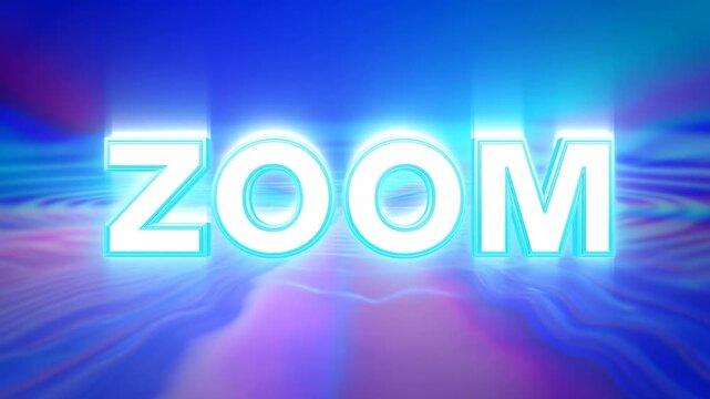 Tracking shot of glowing zoom text moving forward over abstract neon liquid background with light streaks and soft depth blur