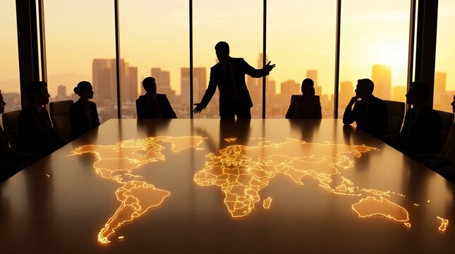 Global leadership concept with a business figure gesturing above a glowing world map during an international boardroom meeting