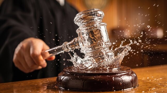 Transparent justice concept with a judge striking a water gavel, symbolizing legal vulnerability, fairness, and institutional reform