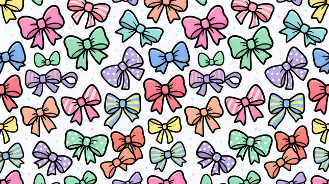 Colorful hand drawn bow tie pattern with cute ribbons on a white background