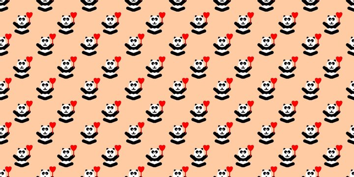Seamless pattern of cute pandas holding red balloons on a beige background, perfect for Valentine's day, baby shower, wrapping paper, or romantic wallpaper design