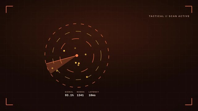 4K ember HUD with left radar and glowing scan rings, dark sci-fi target interface motion backdrop