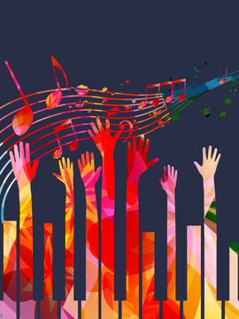 Music promotional poster with multicolored piano keyboard vector illustration. Colorful music background with piano keys for live concert events, music festivals and shows, party flyer