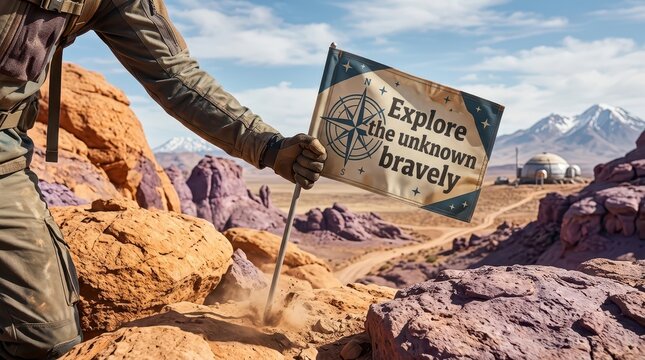 Adventurer plants flag on alien planet, exploring the unknown bravely
