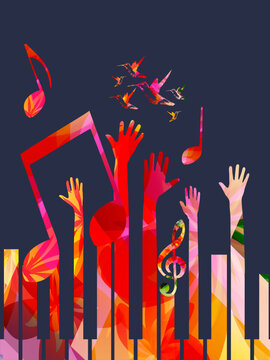 Music promotional poster with multicolored piano keyboard vector illustration. Colorful music background with piano keys for live concert events, music festivals and shows, party flyer