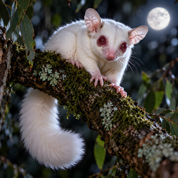 Albino Sugar Glider Perched on a Tree Branch at Night Under Full Moon