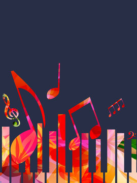 Music promotional poster with multicolored piano keyboard vector illustration. Colorful music background with piano keys for live concert events, music festivals and shows, party flyer