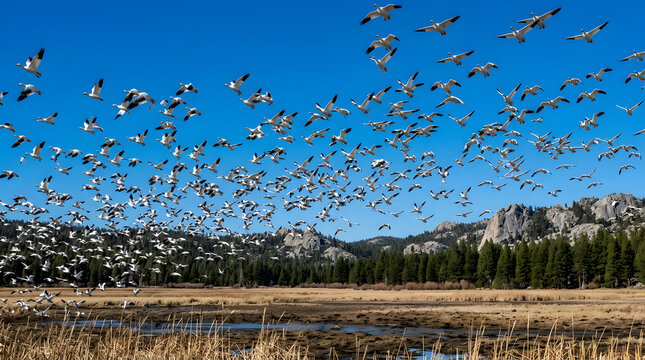 Huge flock of snow geese flying over mountain wetland and forest