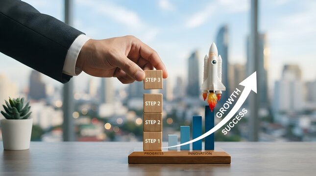 Hand launching a rocket from a staircase representing business growth and success