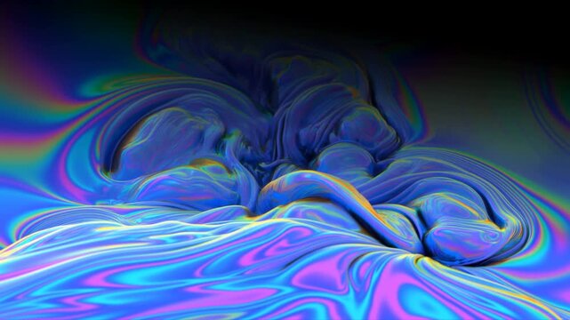 Slow motion abstract liquid waves swirling and folding on iridescent surface in dark studio close up tracking shot