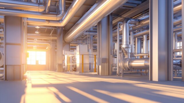 A spacious industrial interior with extensive piping, illuminated by warm sunlight