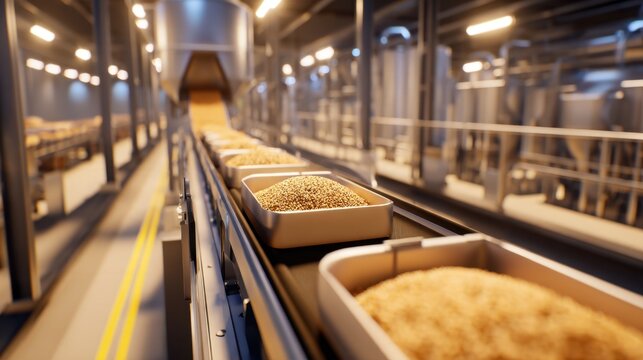 A conveyor belt system transporting boxes filled with grains through a modern processing facility
