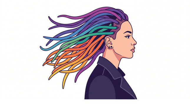 Woman with rainbow dreadlocks vector profile illustration