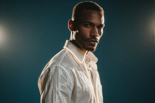 Man wearing an illuminated white shirt poses against a dark teal backdrop. Glowing neon trim traces the collar and placket under dramatic rim lighting.