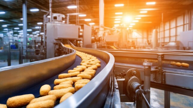 A conveyor belt carries golden cakes through a brightly lit food processing facility