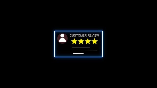Neon customer review card with profile icon, four yellow stars, glowing blue border, and text lines on black background, representing feedback, rating, satisfaction, testimonials,service quality.