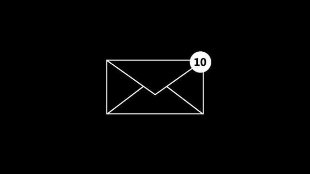 White outline email envelope with a notification badge showing 10 on black background, representing unread messages, box alerts, email communication, notifications, and digital correspondence.