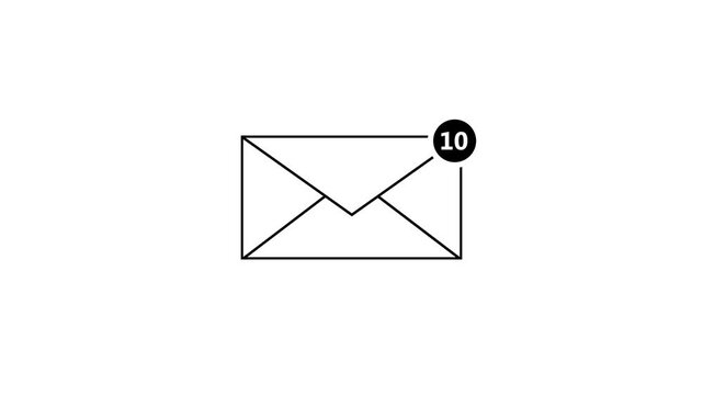 Minimal black outline email envelope with a circular 10 notification badge on white background, symbolizing unread mail, in box messages, email alerts, communication, and digital notification.