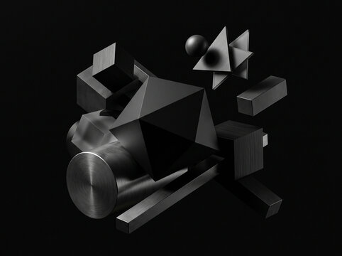Floating abstract geometric 3D shapes with brushed metallic textures on a black background