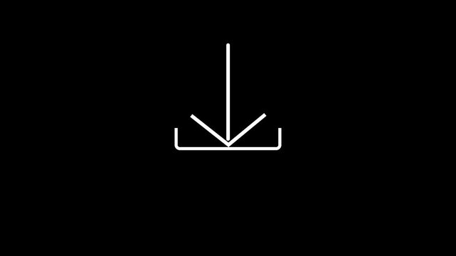 White download arrow icon pointing into a tray on black background, symbolizing file download, saving data, digital transfer, software downloads, document retrieval, and online content access.