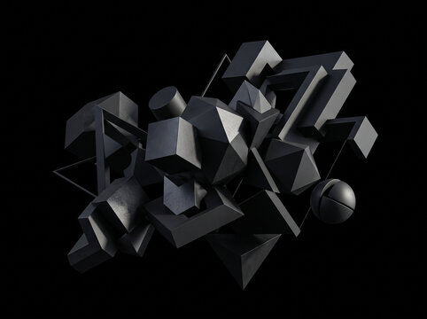 Cluster of abstract dark geometric 3D shapes floating against black background