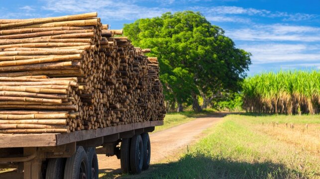 A truck loaded with neatly stacked sugarcane stalks under a vibrant blue sky and lush greenery