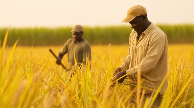 Two individuals harvest rice in a golden field, surrounded by lush green plants under warm sunlight