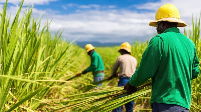 Workers gather tall grass under a bright sky, showcasing teamwork in a vibrant agricultural field