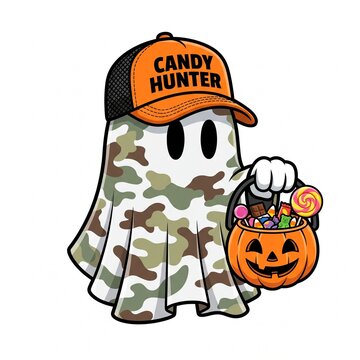 Cute Cartoon Ghost Collecting Candy in a Pumpkin Bucket Wearing Camouflage and Candy Hunter Cap for Halloween