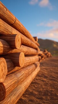 A close-up view of stacked logs with a warm sunset backdrop highlighting natural textures