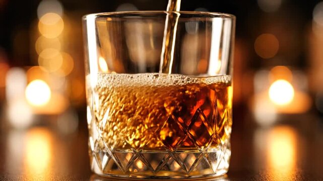 Pouring whiskey into crystal glass in a warm bar