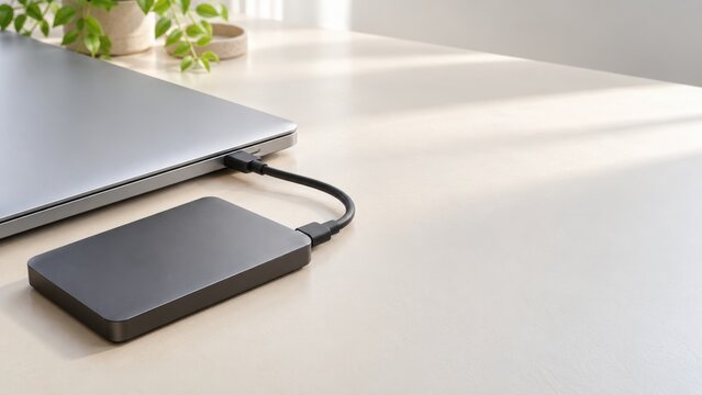 External Storage Device Beside a Laptop on a Clean Desk
