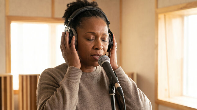 Black woman with headphones singing passionately into a microphone in a recording studio