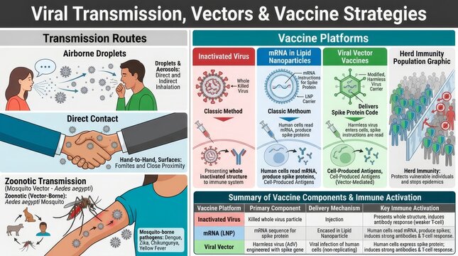 Viral Transmission Mechanisms Vaccine Platforms Infographic Illustration.