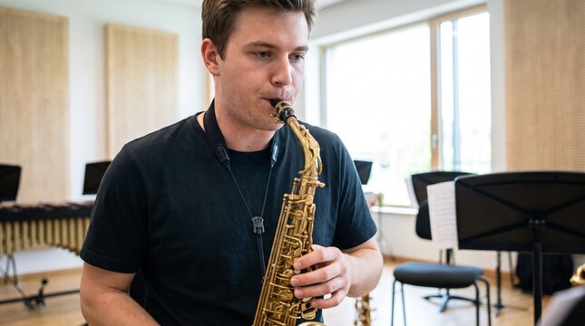 Young man playing a golden saxophone in a music practice room with soundproofing panels and music stands