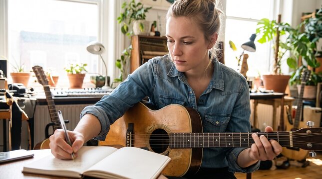 Young woman writing song lyrics while playing acoustic guitar in a sunlit room