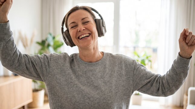 Joyful middle aged woman with headphones dancing and singing along to music at home