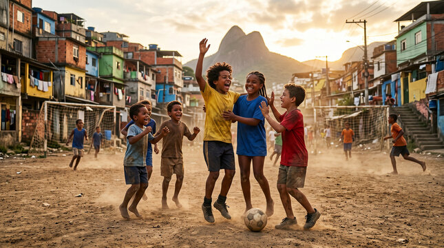 Group of happy diverse children celebrating and playing soccer on a dirt field in a favela at sunset with mountains in the background