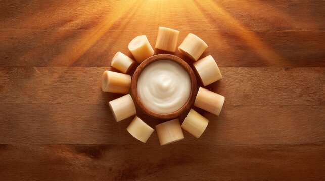 A circular arrangement of small cheese pieces surrounding a central bowl of creamy substance on wood