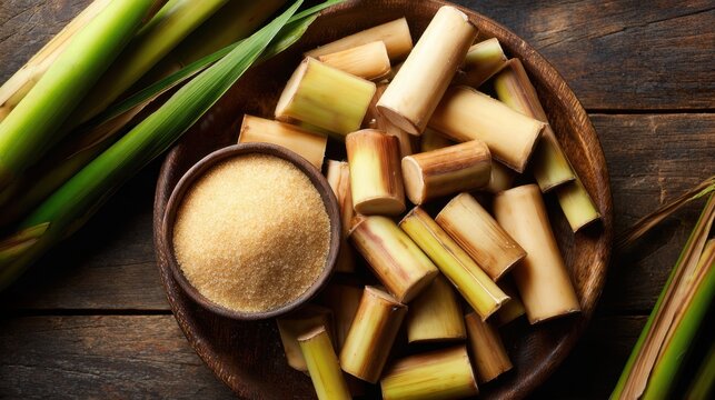 Fresh sugarcane pieces arranged in a bowl with raw sugar on a rustic wooden surface