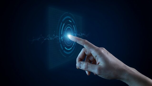 Human finger interacting with glowing blue digital interface button triggering global technology network