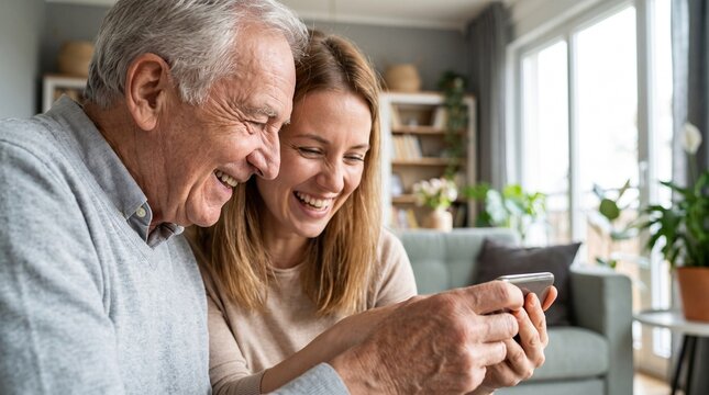 Joyful elderly man and young woman share laughter while looking at a smartphone together indoors