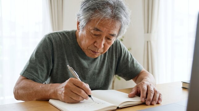 Elderly Asian man with gray hair writing in a notebook at a wooden desk with a pen